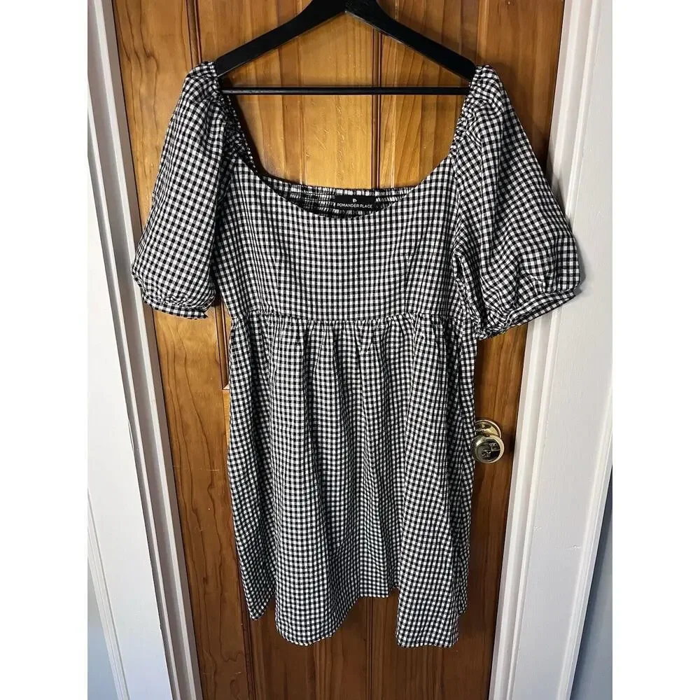 Pomander Place Black & White Gingham Puff-Sleeve Mini Dress